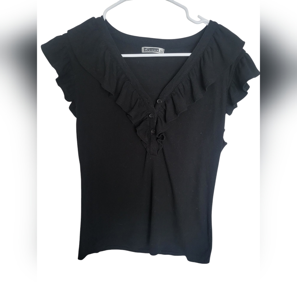 Kenar Black Ruffle V-Neck Top